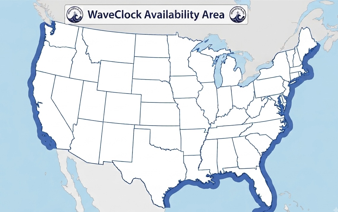Map of the United States with the coastline highlighted, showing WaveClock's beach-town availability area