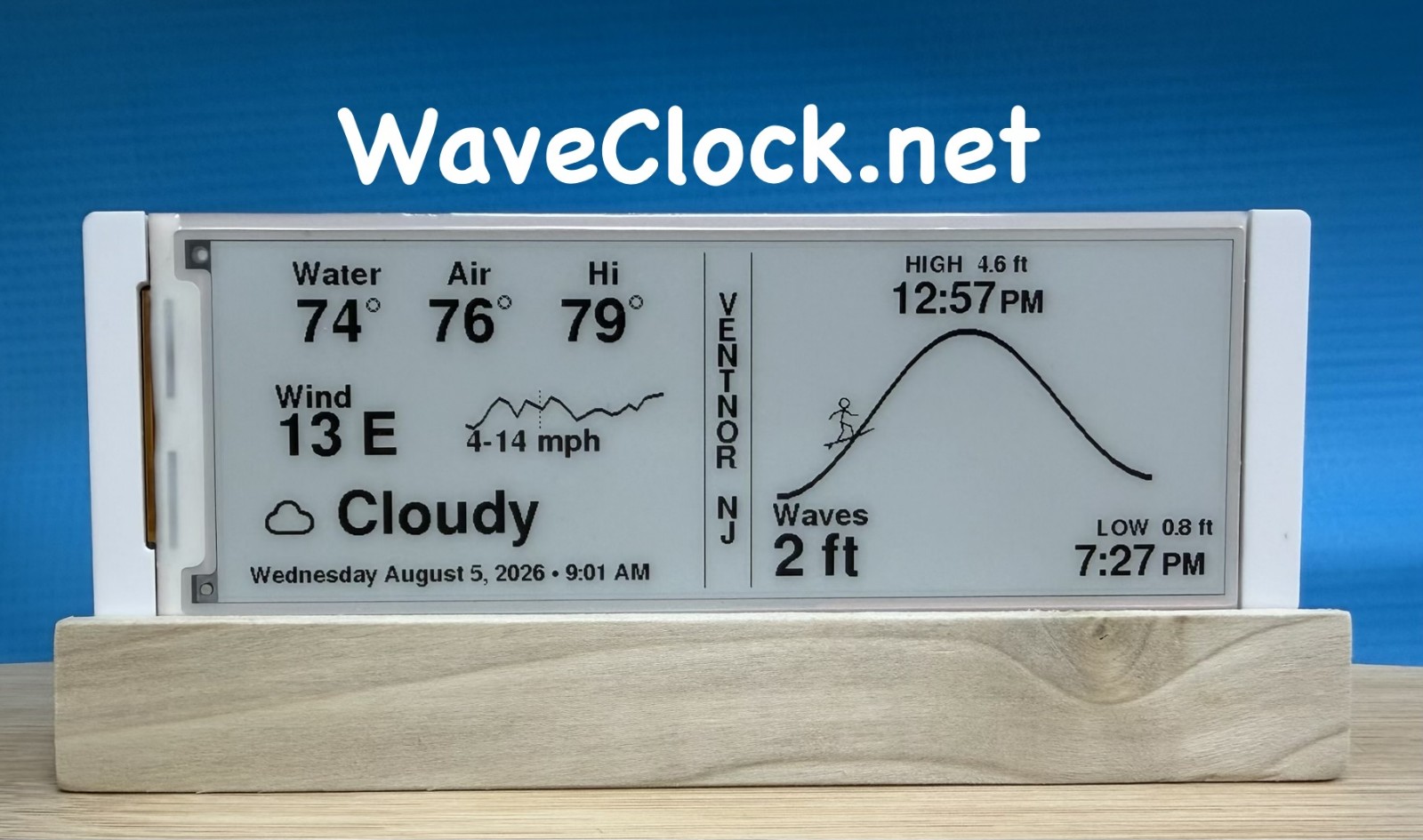 Wave Clock on its wooden stand, branded WaveClock.net, showing today's water, air, and high temps, wind, and sky on the left, and the wave forecast for Ventnor, NJ on the right