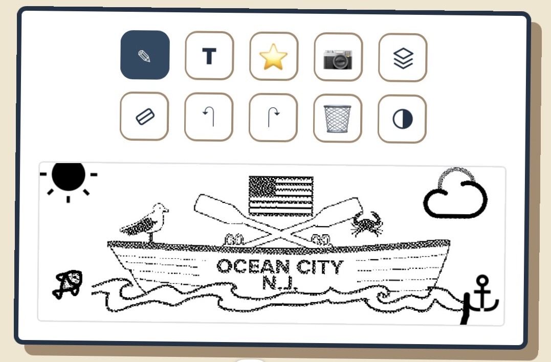 Custom screen showing a hand-drawn scene of a rowboat with an anchor, flag, seagull, and crab, plus sun and cloud stickers and the text OCEAN CITY N.J.