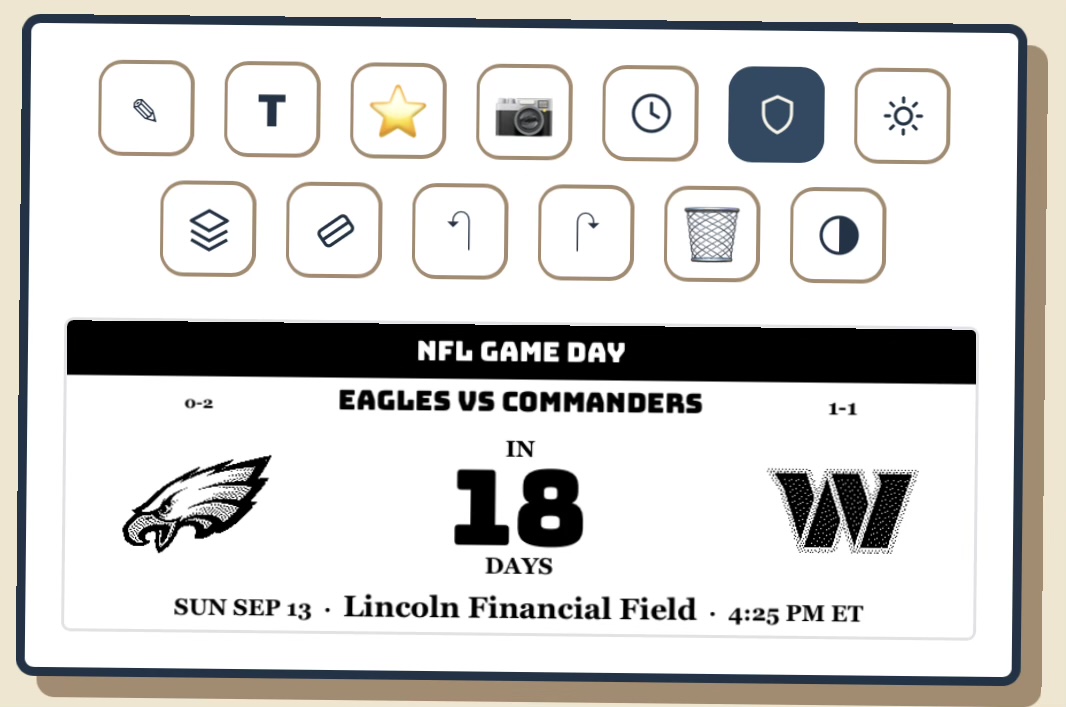 The design tool showing a Game Day card set to the Eagles, counting down 18 days to Eagles vs Commanders, with both teams' records and logos, and the game's date, venue, and time
