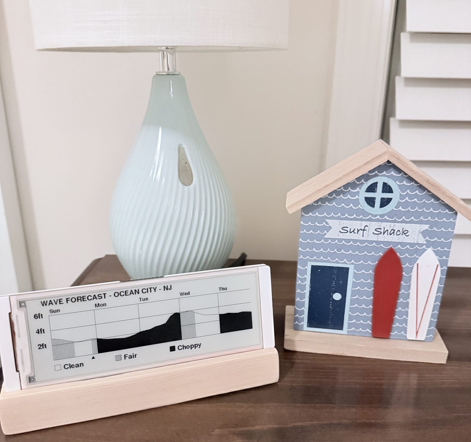 Wave Clock on its wooden stand showing the 5-day wave forecast screen, styled with nautical decor